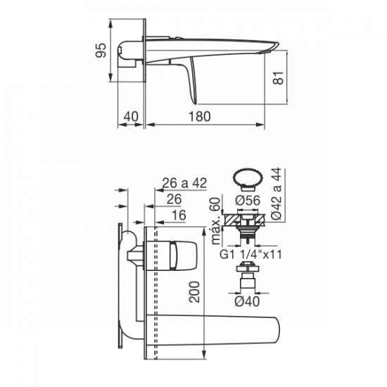 GRIFERIA EPUYEN MONOCOMANDO LAVATORIO PARED NEGRO MATE FV ( 0206/L2-NG )