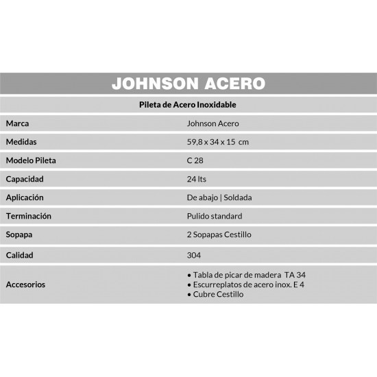 JOHNSON PILETA ACERO 304 DOBLE  C28 59x34x15cm