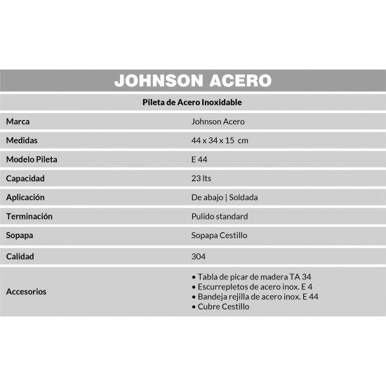 JOHNSON PILETA ACERO 304 SIMPLE E44 (44X34X15)