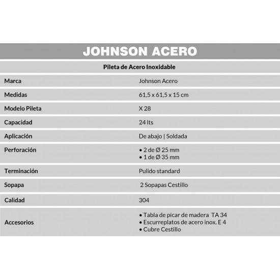 JOHNSON PILETA ACERO 304 ESQUINERA 61,5x61,5x15