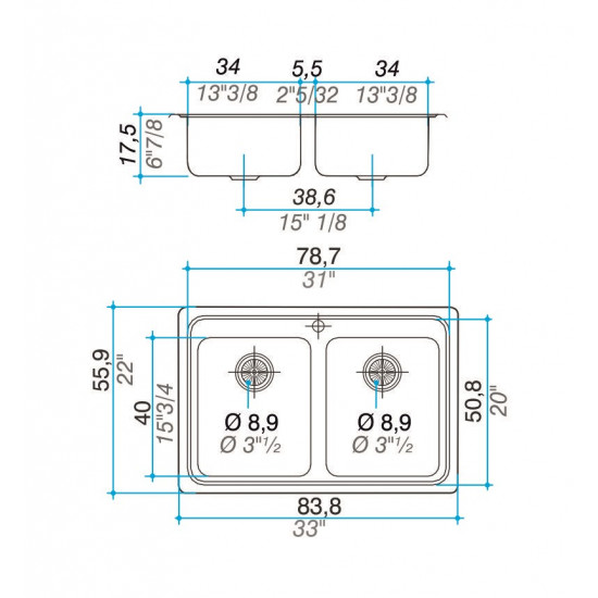 JOHNSON PILETA DOBLE ACERO 304 QUADRA  Q084 A sobre o bajo mesada 83,8X56X17