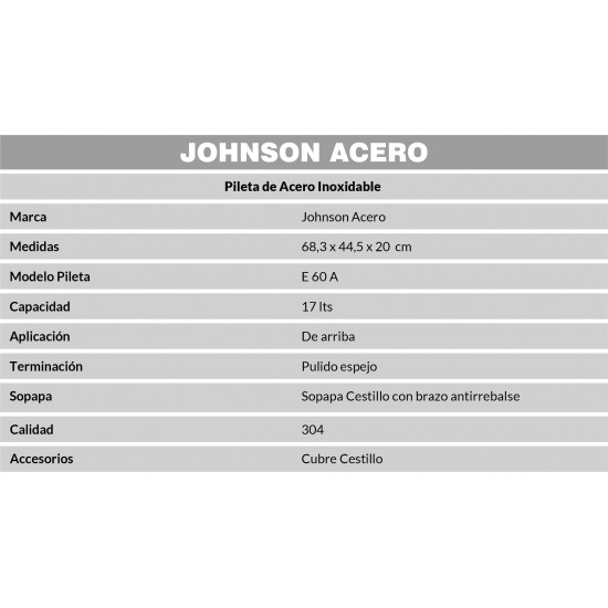 JOHNSON PILETA ACERO 304 SIMPLE E 60 A sobre mesada 68.3x44.5x20cm