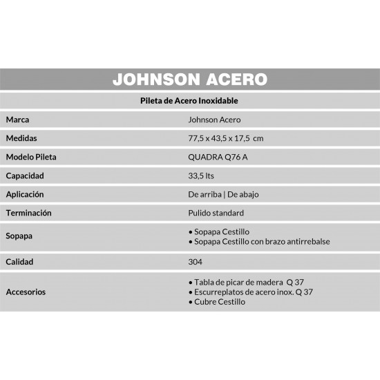 JOHNSON PILETA DOBLE ACERO 304 QUADRA Q76 A sobre o bajo mesada 77,5X43.5X17,5