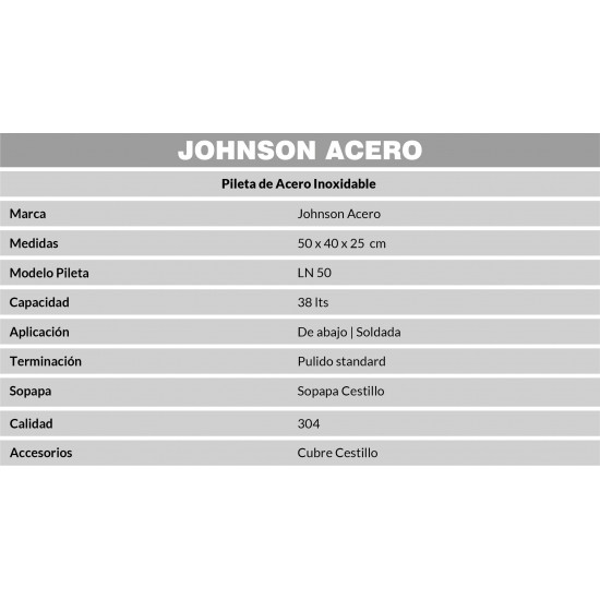 JOHNSON PILETA ACERO 304 LN 50 LAVADERO 50x40x25