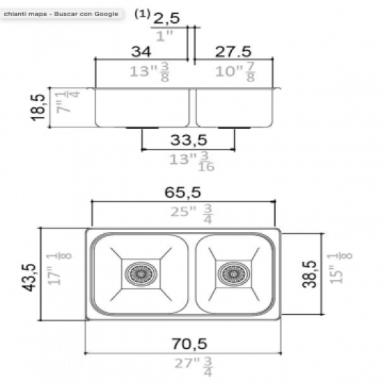 JOHNSON PILETA ACERO 304 DOBLE R63/18 F sobre o bajo mesada 63x37x18cm 