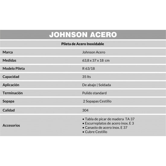 JOHNSON PILETA ACERO 304 DOBLE  R63/18 63x37x18cm