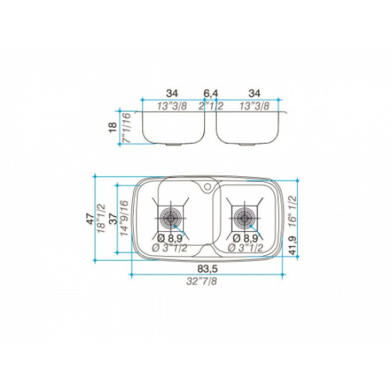 JOHNSON PILETA ACERO DOBLE ZARA D84A sobre o bajo mesada 83.5x47X18