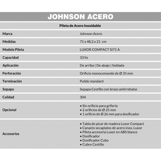 JOHNSON PILETA LUXOR SI71 A sobre o bajo mesada (71 x 48.2 x 21)