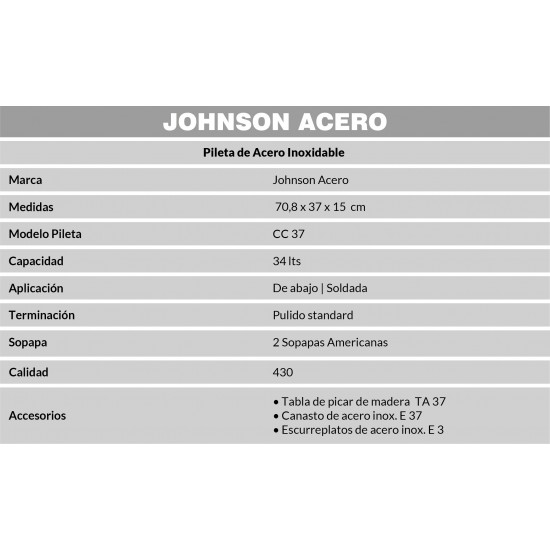 JOHNSON PILETA ACERO 430 DOBLE  CC37 70x37x13cm