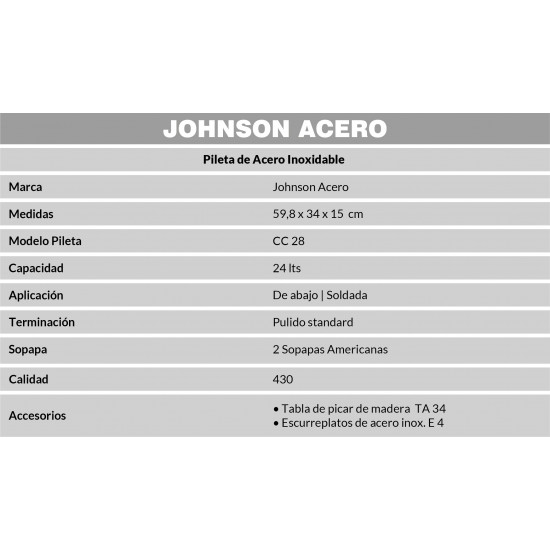 JOHNSON PILETA ACERO 430 DOBLE  CC28 59x34x13cm