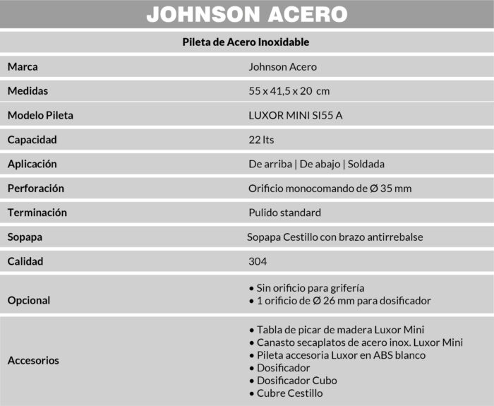 JOHNSON PILETA BACHA LUXOR SI55 A Mini (55 x 41.5 x 20)