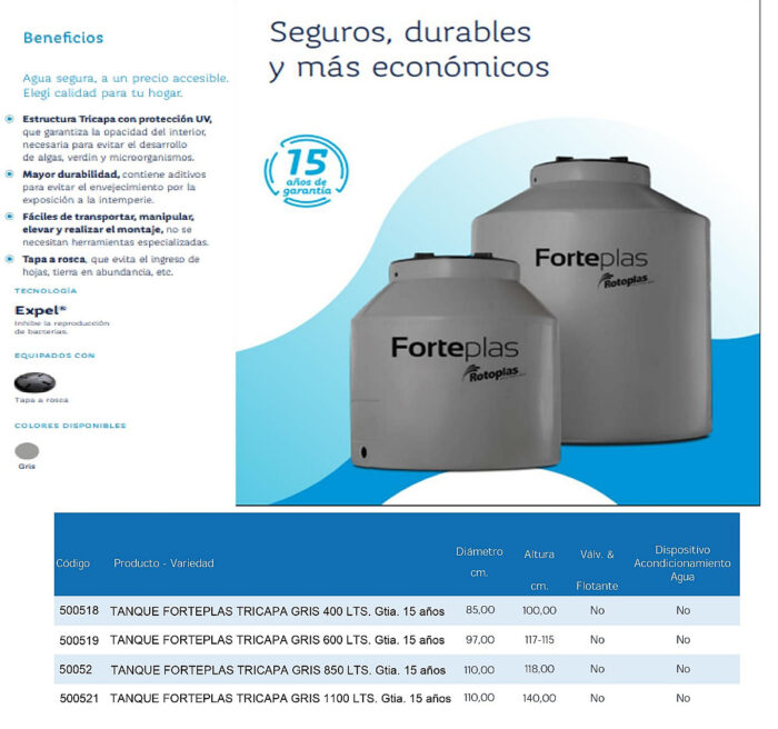 TANQUE FORTEPLAS TRICAPA GRIS 600 LTS. Gtia. 15 años